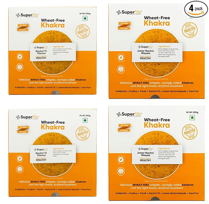 Superfills Wheat-Free (Gluten Free) Combo of 2 Nachni Till + 2 Jowar Nachni Flavour Khakra Healthy Gujarati Crispy Indian Snacks, Ready to Eat No Garlic & No Onion, 800G