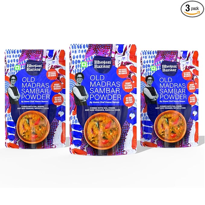 Bhojan Bazaar Old Madras Sambar Powder - Pack of 3, 70 g Each | No Onion No Garlic Ready To Cook in 10 min | Serves 4 | South Indian Sambar With Dal | Free From Preservatives, Colours & Flavours