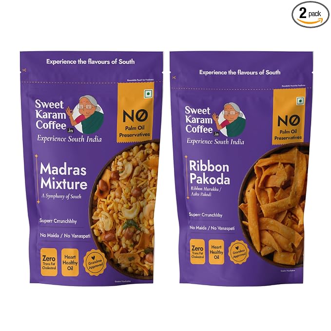 Sweet Karam Coffee’s South Indian Crunchy Combo Pack - Ribbon Pakoda & Special Madras Mixture | No Maida & No Vanaspati, Zero Trans Fat, Heart-healthy Oil | Authentic Taste of Tradition (95g Each)