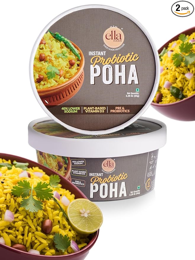 Ella Foods Probiotic Instant Poha Ready To Eat | 40% Less Sodium | Flavorful Rice Flakes, Peanuts, Mustard Seeds, Curry Leaves & Green Chilies | No Preservatives Pack of 2 (65g Each) | Instant Food