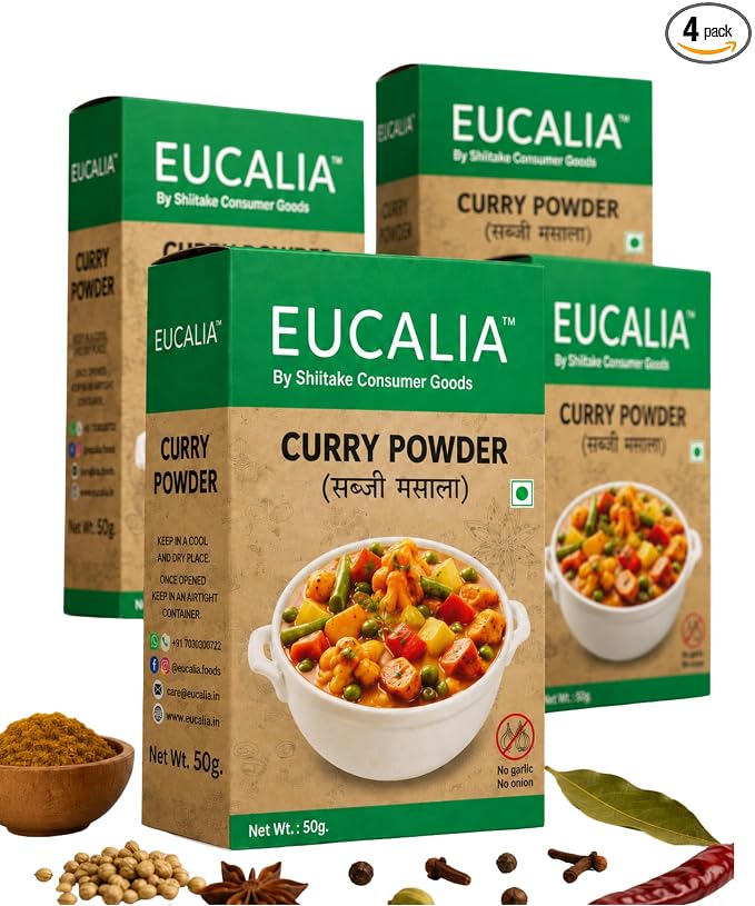 EUCALIA Sattvik (No Onion - No Garlic) Curry Powder (Sabji Masala) Pack of 4 (50g) | Bold & Aromatic Spice Blend | Rich Colour | No Added Colours or Preservatives | Perfect for Vegetarian Dishes & Everyday Cooking | Sattvik No Onion No Garlic (NONG) | Total 200g
