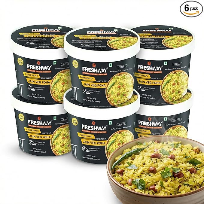 Freshway Jain Veg Poha Quick & Easy Ready to Eat Healthy Snack | 100% Jain No Onion No Garlic No Preservatives | Nutritious & Delicious Breakfast or Anytime Meal | Made with Real Veggies | Lightweight Travel Friendly Ideal for Office Hostel & Travel | Pack of 6