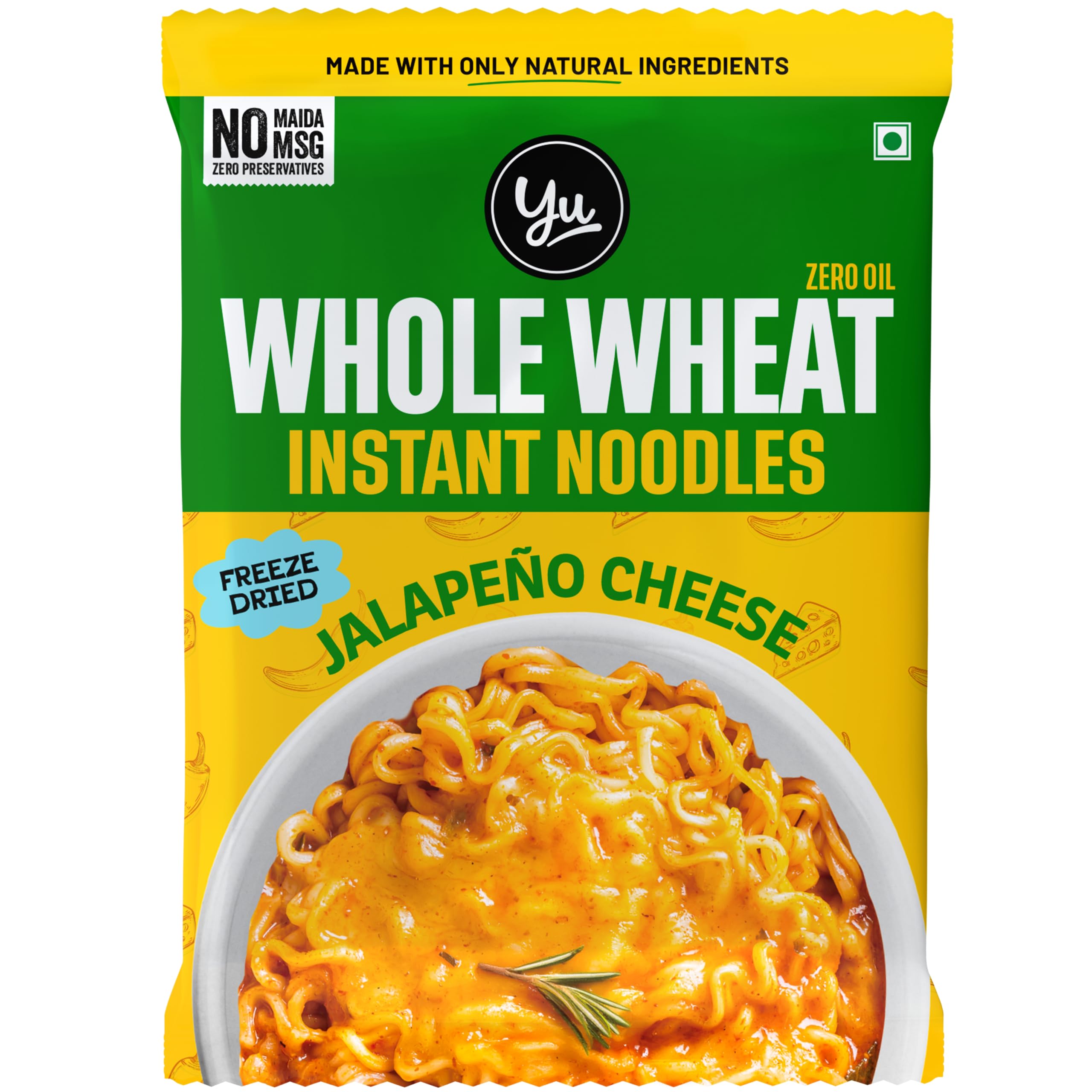 Yu 100% Whole Wheat Jalapeno Cheese Instant Noodles - Zero Preservatives Oil Maida & MSG - Atta Noodles in 6 Mins - Veg - 70g