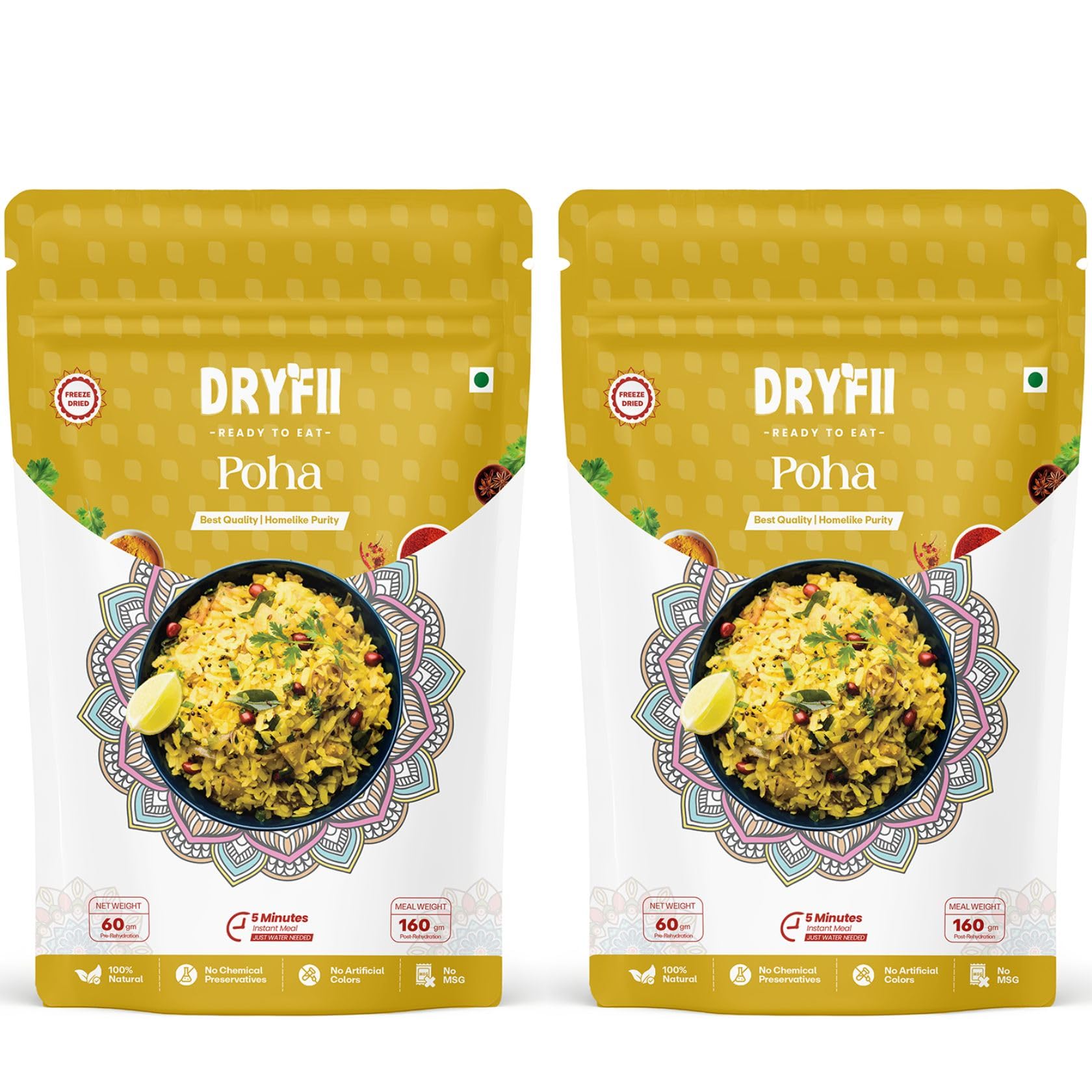Dryfii Ready-to-Eat Instant Jain Poha | Pure Veg | Freeze Dried | No Onion, No Garlic | Rehydrated Weight 320 g