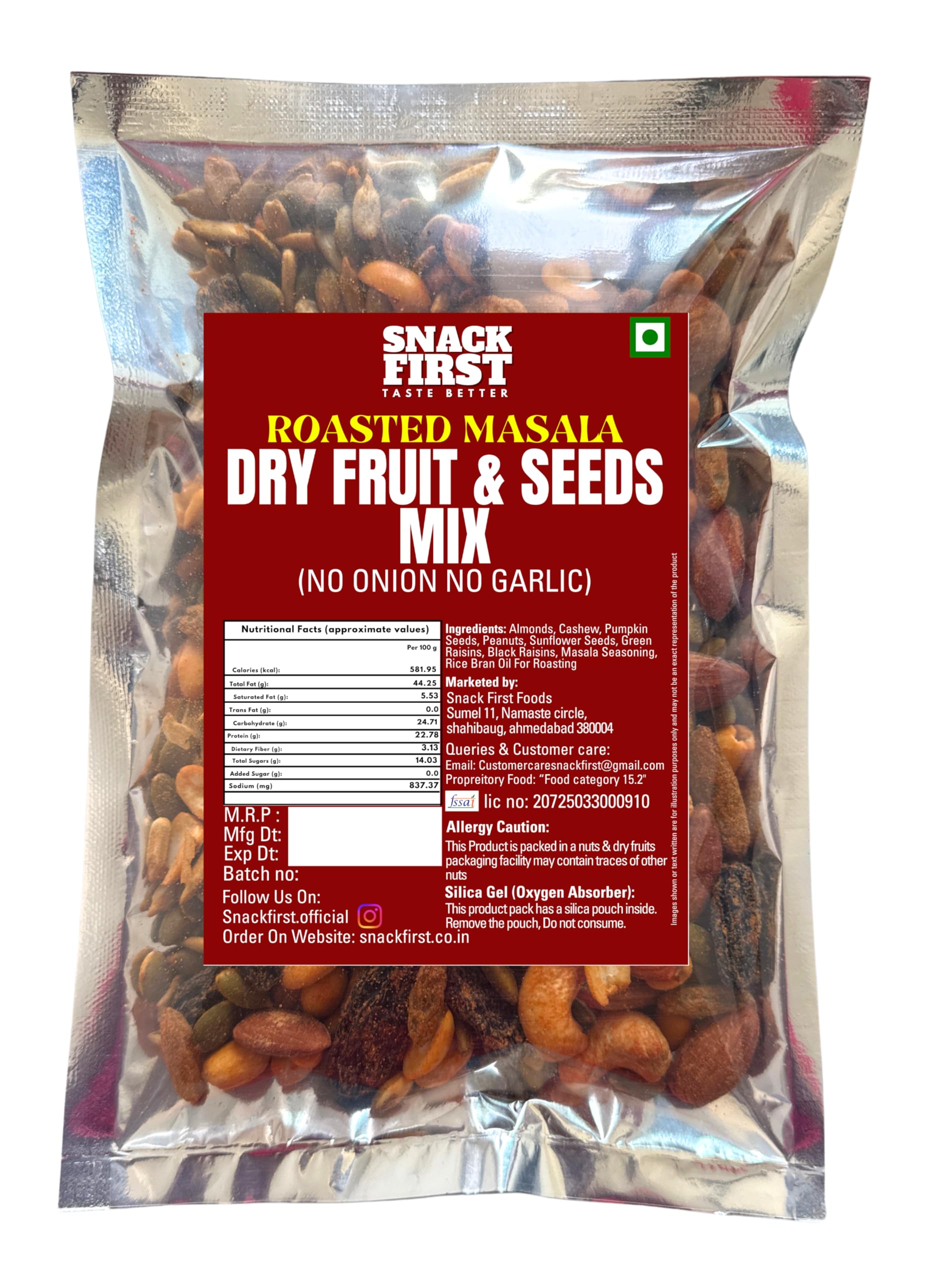 Snack First Roasted Masala Dry Fruit & Seeds Mix | No Onion No Garlic | No Palm Oil | 200G | masala dryfruit mixture | mixed dry Fruit & seeds | Almonds | Black Raisins | Cashewnuts | Pumpkin Seed | Sunflower Seed |Peanuts | Green Raisins | 7 In 1 Super Foods | Vitamin E | High protein | Healthy Snack, Gym Snack |
