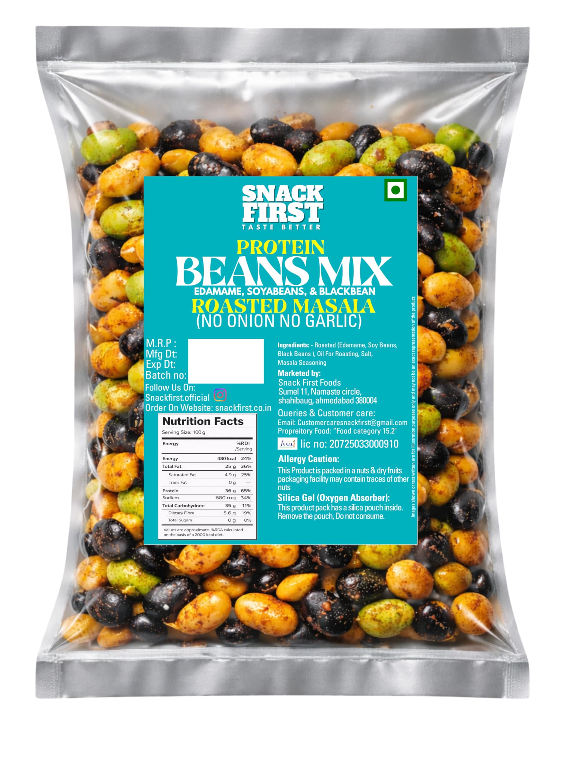 Snack First Roasted Protein Masala Beans Mix | No onion no garlic | no palm oil | 100G | 40G plant protein mixture | 3 In 1 mix | edamame, soyabeans, blackbeans | high protein | gym snack | healthy snack | crunchy & delicious | high fibre | minerals & vitamins |