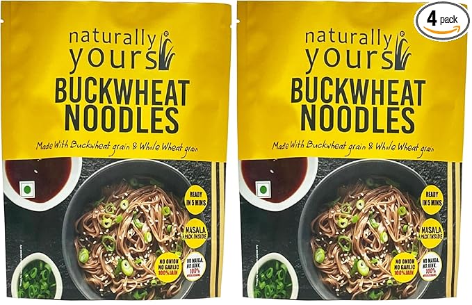 Naturally Yours Buckwheat Soba Hakka Noodles | Kuttu Atta & Whole Wheat | No Maida, No Onion No Garlic, Jain Friendly, Vegan, Preservative Free | Tastemaker Inside | Healthy Noodles | 180g Pack of 4