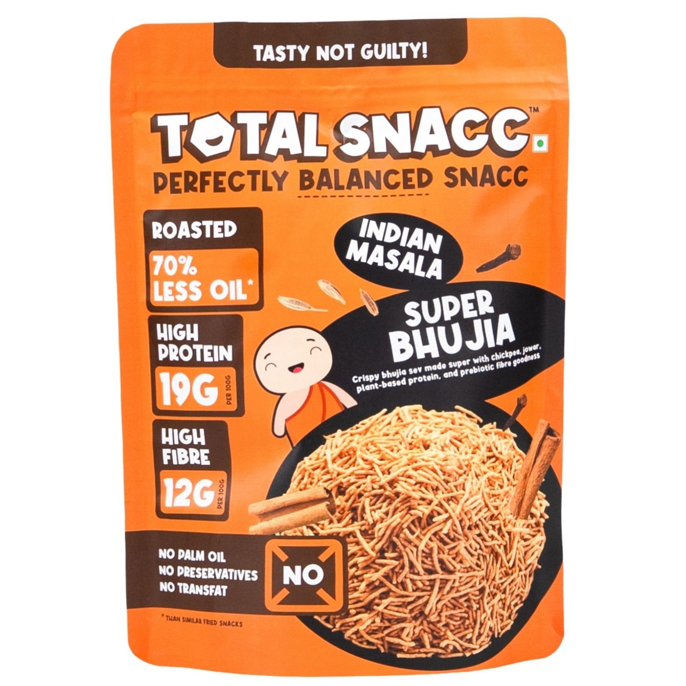 TOTAL SNACC Roasted Bhujia Indian Masala 250g | High Protein 19g, High Fibre 12g | 70% Less Oil | No Palm Oil | Baked Bhujiya | Healthy Namkeen | High Protein Snacks | Diabetic Friendly | Millet Bhujia | Low Calorie