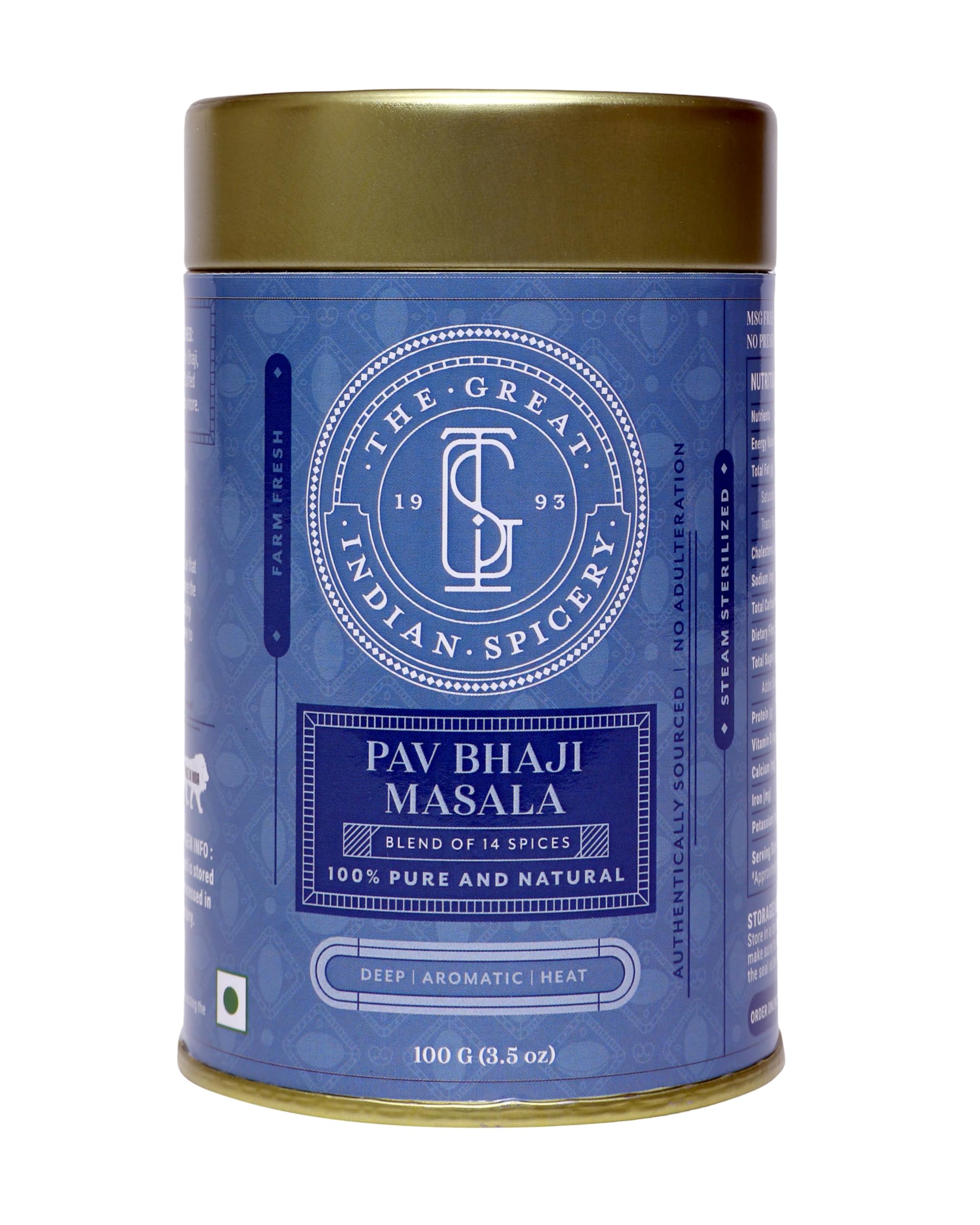The Great Indian Spicery | Pav Bhaji Masala - 100gm Tin | Steam Sterilisation, Farm Fresh, Authentic Blend of 14 Spices, Non-Adulterated, No Added Color & Preservative | Deep & Aromatic Home Cooking