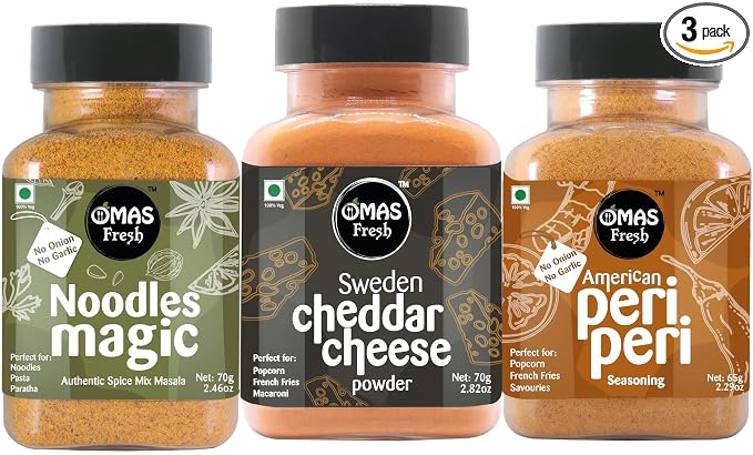 Omas Fresh Jain Combo | Cheddar Cheese Powder 70g, Noodles Magic Masala 70g, No Onion No Garlic Jain Peri Peri 65g Specially for Pizza, Pasta, Noodles, Popcorn