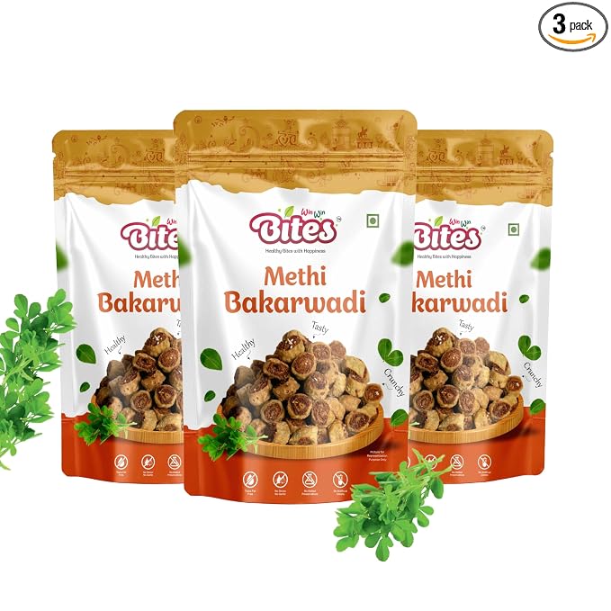 Win Win Bites Healthy Bites with Happiness Methi Bhakarwadi | Traditional Indian Snack | Crunchy & Spicy | Authentic Taste | No Onion No Garlic | 480 gm (3 x 160g Pack)