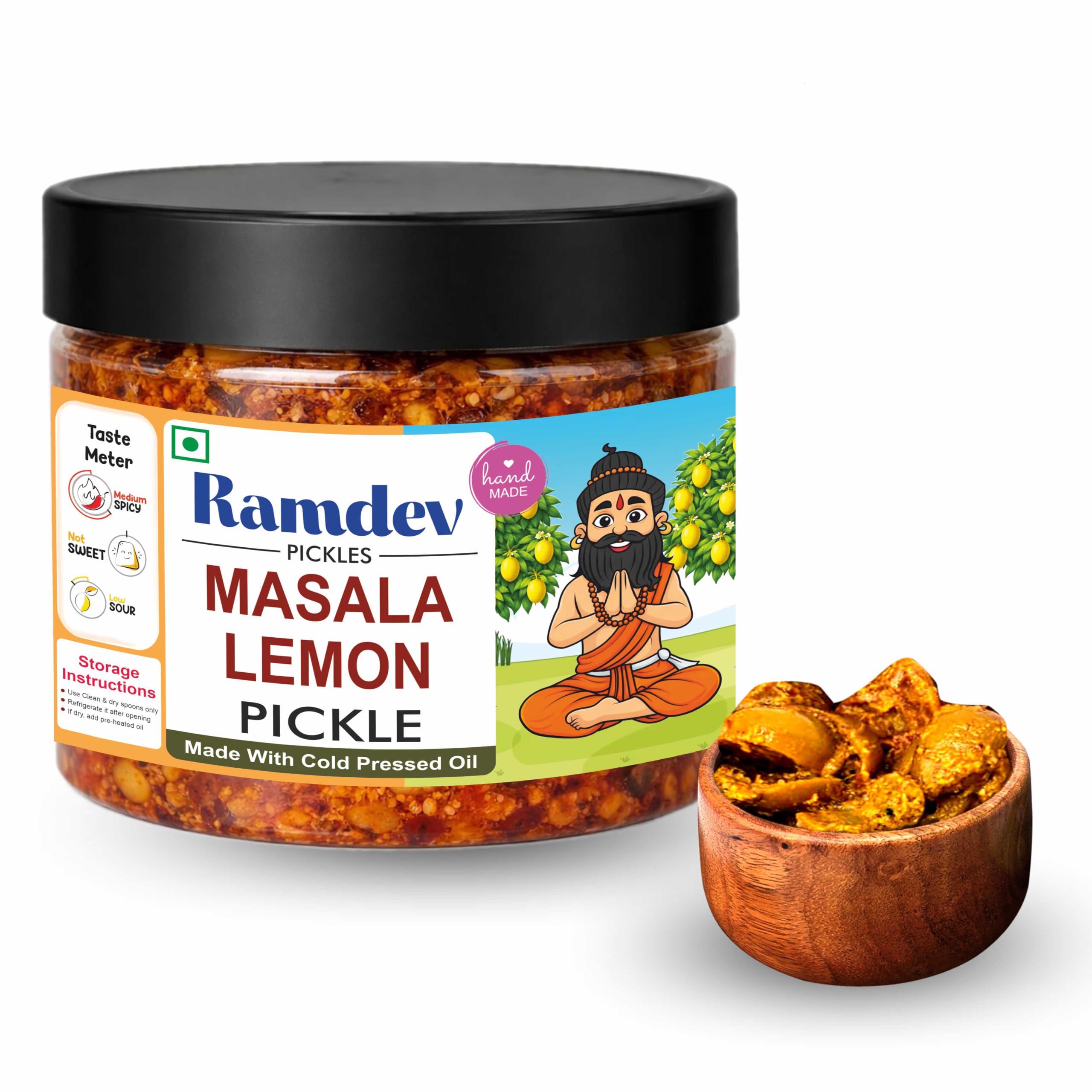 Ramdev Masala Lemon Pickle 350g Organic | Indian Homemade Nimbu ka Achar with No Onion & Garlic | Masala & Sour Oil-Free Pickle | Traditional Grandma-Style Recipe | Organically Processed