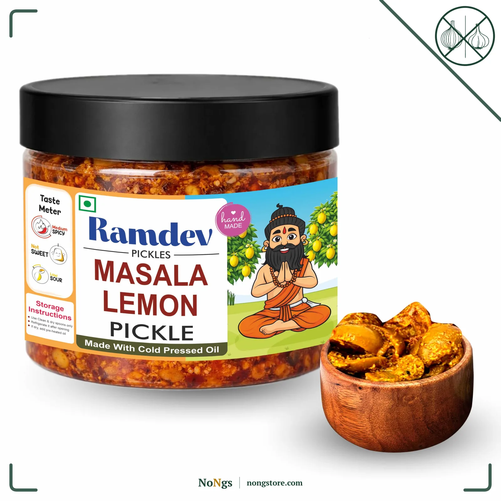 Ramdev Masala Lemon Pickle 350g Organic | Indian Homemade Nimbu ka Achar with No Onion & Garlic | Masala & Sour Oil-Free Pickle | Traditional Grandma-Style Recipe | Organically Processed