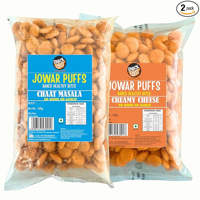 Snack First Baked Jowar Puff Combo Of 2, No Onion No Garlic, Jain, Chaat Masala & Creamy Cheese, Healthy Snack, Diet-food, Low Calorie, Nutritious Snack, Each 100g Pouch