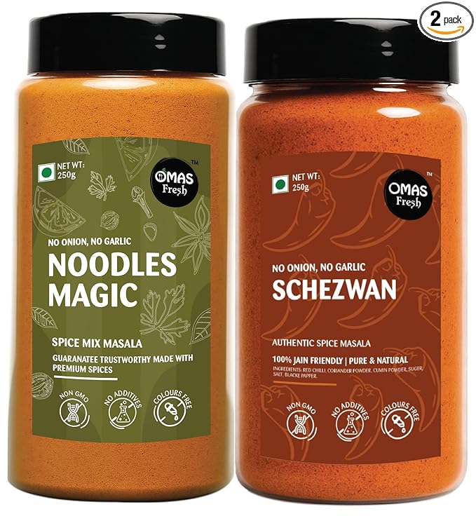 Omas Fresh No Onion No Garlic Noodles Magic Masala & Schezwan Seasoning | 250g × 2 Combo Pack | Spicy Flavour Duo for Noodles, Pasta & Everyday Cooking
