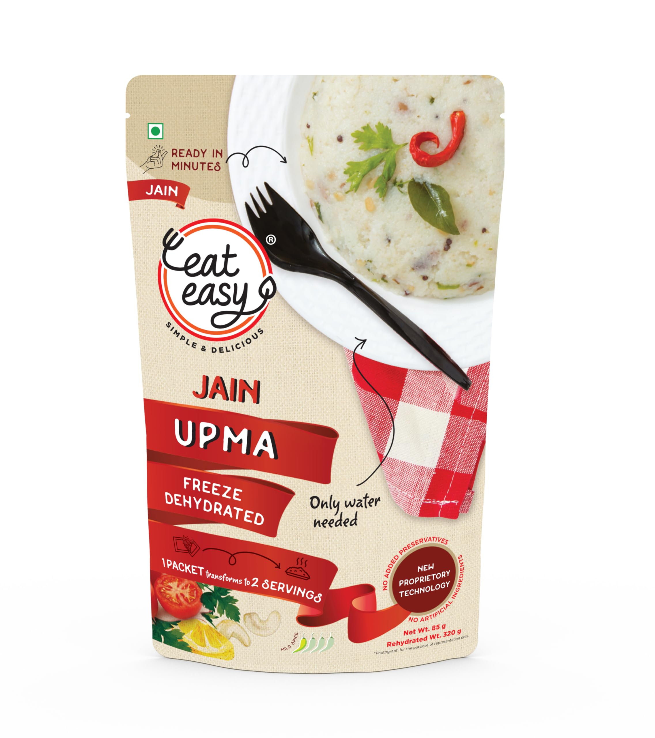 Eat Easy Ready To Eat Jain Upma- 85gm | Just Add Water and Cook | No Onion, No Garlic, No Maida | Made with Suji, Ghee, Cashew | Freeze Dehydrated Instant Healthy & Delicious Upma for Travel, Hostel, Trekking, Camping, Hiking | Supports Digestion, Good Source of Nutrition, Iron