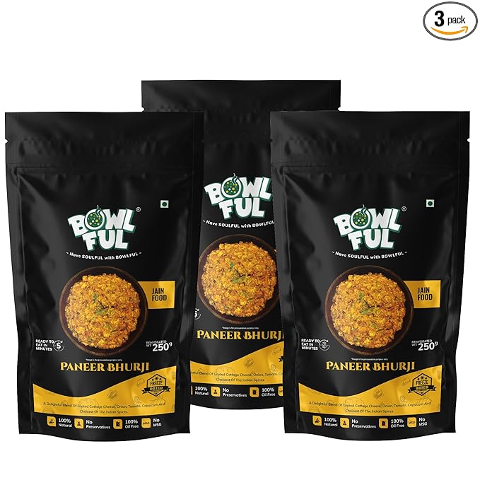 Bowlful Jain Paneer Bhurji, 70 GMS, Protein Rich Paneer with Spices and Vegetables Without Onion and Garlic. Pure Natural, Freeze Dried Food (Pack of 3)