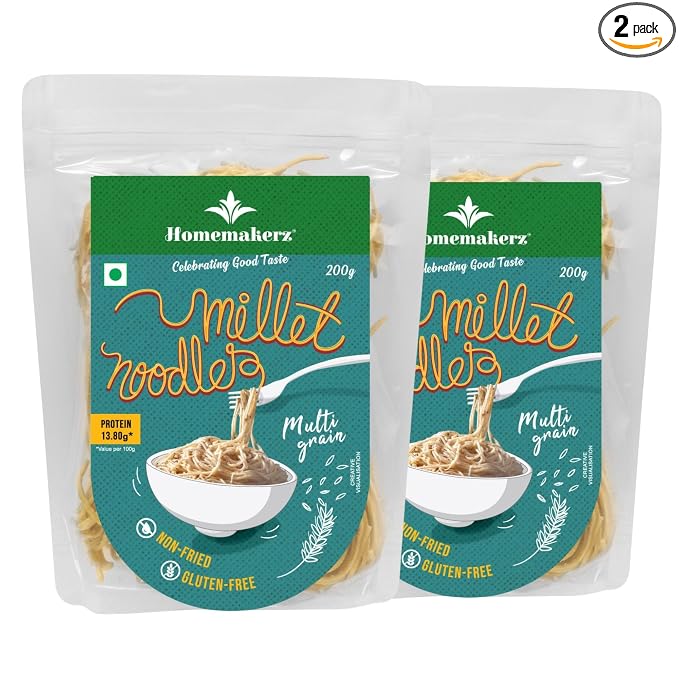 Homemakerz Multigrain Millet Noodles, Natural, Preservative, Gluten & Fat Free, Not Fried & No Oil, Zero Maida & Wheat, Healthy & Tasty Hakka Millet Noodles (Pack of 2, 200g Each)