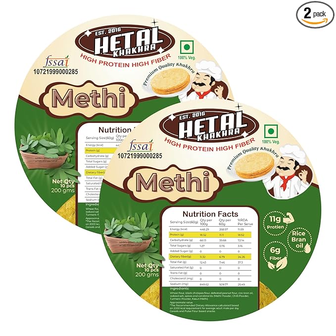 Methi Khakhra | JAIN | Crispy | Ready To Eat | High Protein High Fiber| No Palm Oil | 200g Vacuum Pack Of 2