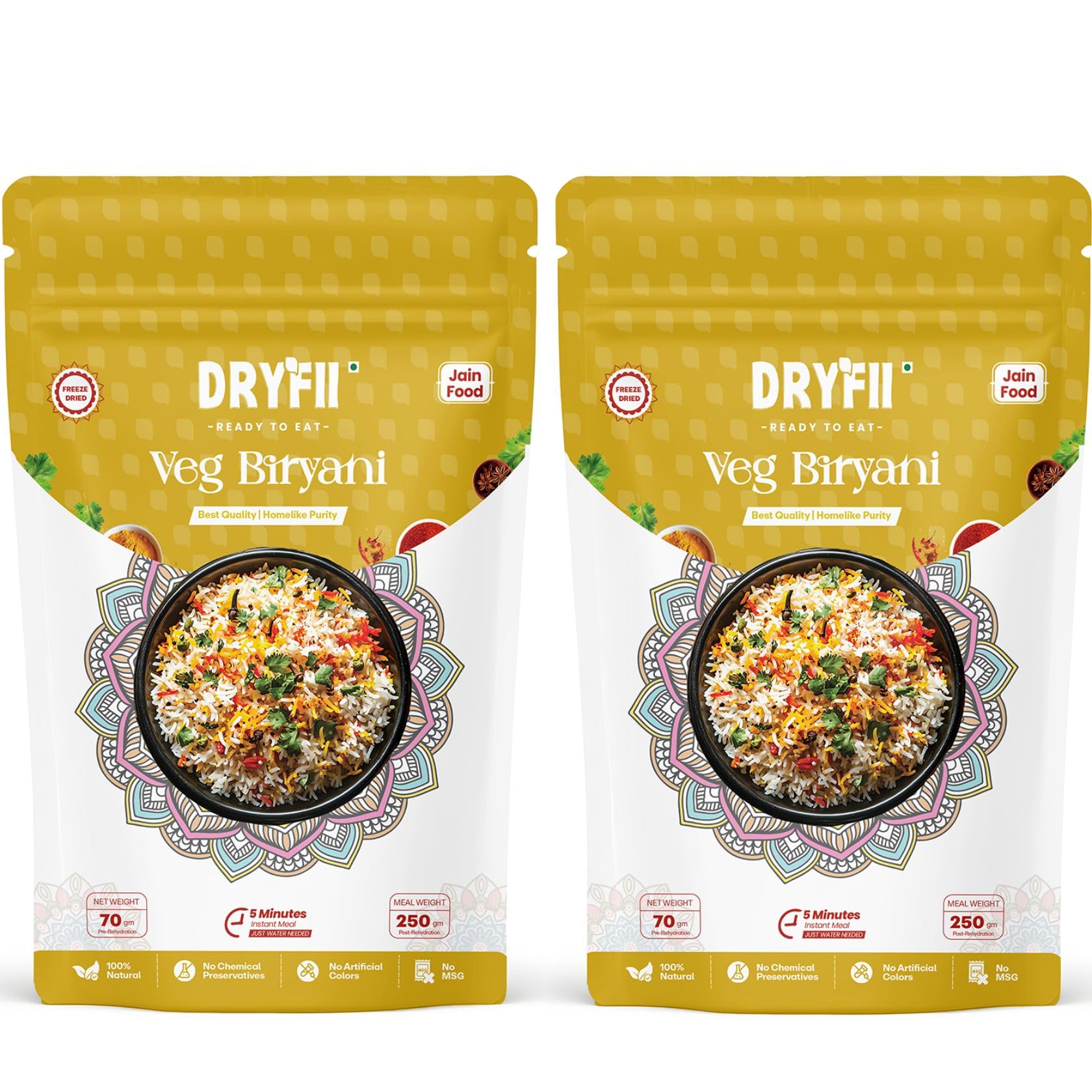 Dryfii Ready-to-Eat Instant Jain Veg Biryani | Pure Veg | Freeze Dried | No Onion, No Garlic | Rehydrated Weight 500 g