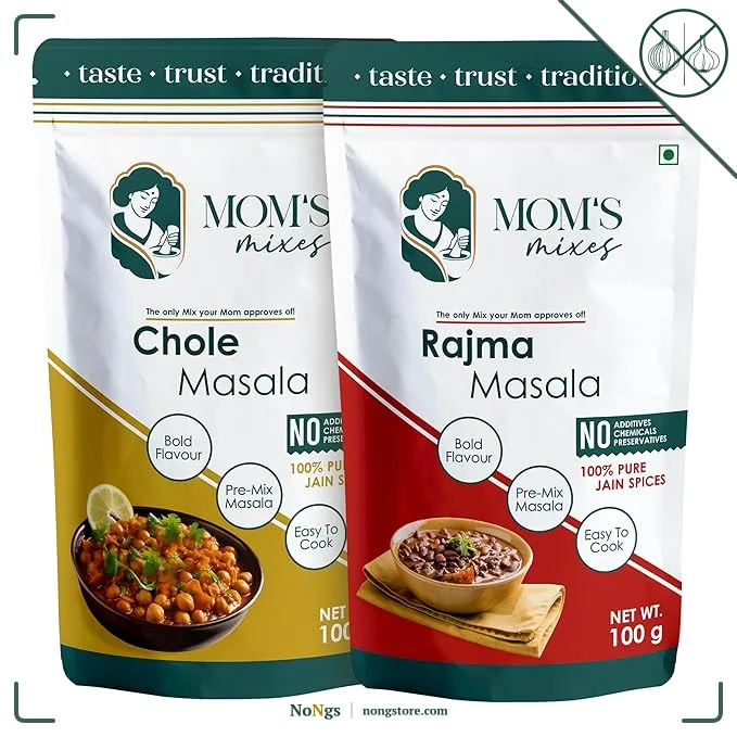 Mom’s Mixes Punjabi Style Combo | Pure Jain Spices | No Onion,No Garlic | No Chemical,No preservatives | Rajma Masala + Chole Masala | Bold North Indian Flavour | Ready-to-Mix | 100 gm Each
