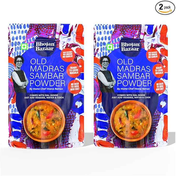 Bhojan Bazaar Old Madras Sambar Powder - Pack of 2, 70 g Each | No Onion No Garlic Ready To Cook in 10 min | Serves 4 | South Indian Sambar With Dal | Free From Preservatives, Colours & Flavours