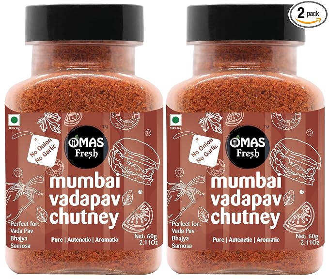Omas Fresh No Onion, No Garlic Mumbai Vadapav Chutney 60g, Instant Coconut Dry Chutney | Perfect for Vadapav, Bhajiya, Samosa (60g, Pack of 2)