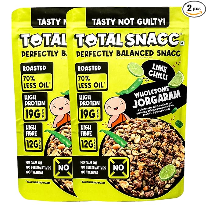TOTAL SNACC Wholesome Jorgaram Lime Chilli (125g x 2) | High Protein 19g | High Fibre 12g | Roasted Not Fried | 70% Less Oil | No Palm Oil | High Protein Snacks | Baked Namkeen Mix | Healthy Snacks | No Preservatives | Diabetic Friendly | a mix of chana jor, moong jor, peanuts, & pumpkin seeds