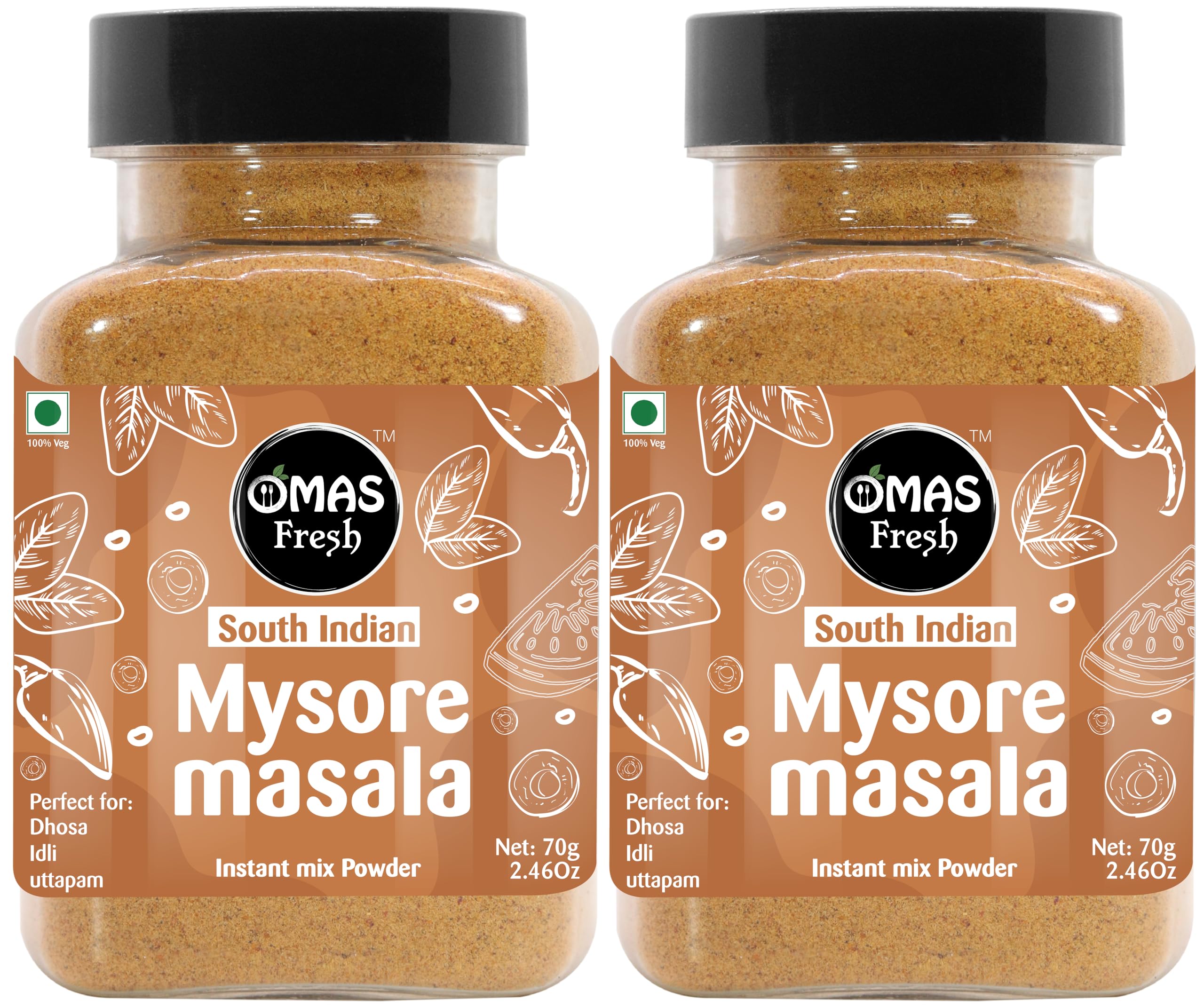 Omas Fresh No Onion, No Garlic South Indian Coconut Chutney Instant Mix Powder Perfect for Dosa, idli, Uttapam (Just Add Curd/Water to Use) (Pack of 2, Mysore Masala Powder)