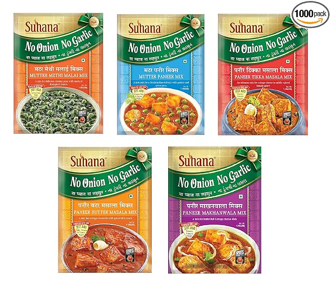 Suhana No Onion No Garlic, NONG Jain Special Combo of 1 X Pan Tikka Masala, 1 X Mutter Pan, 1 X Pan Butter, 1 Mutter Methi Malai, 1 X Pan Makhanwala Masala Mixes.