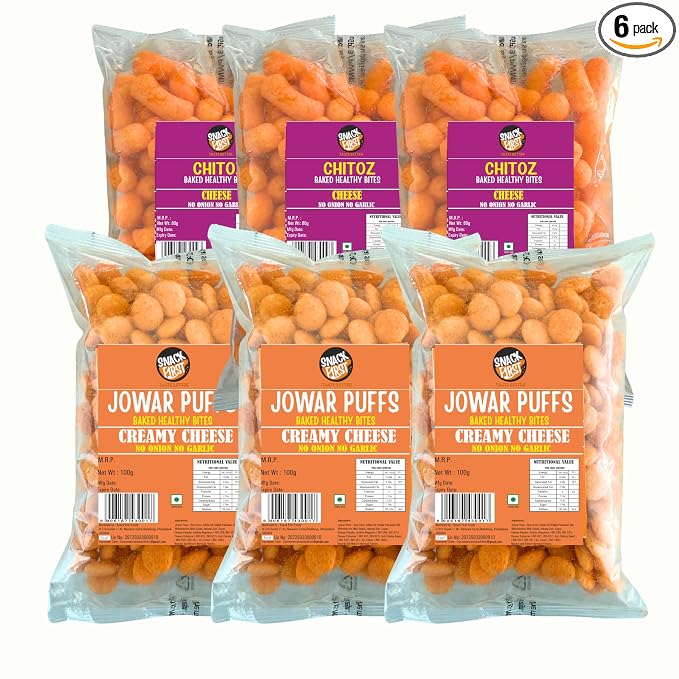 Snack First Baked Jowar Puff Cheese (3)100g & Chitoz Cheese (3)80g, Pack of 6, No Onion No Garlic, Jain, Puffed Snack, Corn Puffs, Healthy Snack, Namkeen,