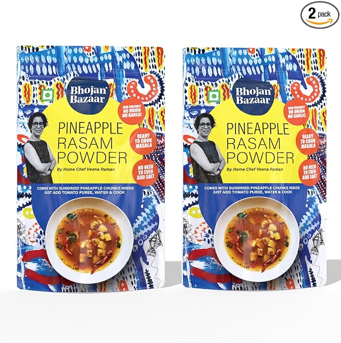Bhojan Bazaar Pineapple Rasam Powder With Sundried Chunks - Pack of 2, 75 g Each | No Onion No Garlic Ready To Cook in 10 min | Serves 4 | Sweet & Tangy South Indian Rasam | No Added Preservatives