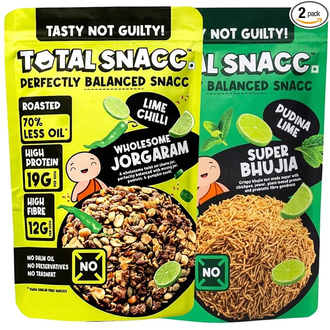 TOTAL SNACC Tangy Lime Combo (125g x 2 Packs) | High Protein 19g | High Fibre 12g | Roasted Not Fried | 70% Less Oil | No Palm Oil | Lime Pudina Super bhujia & Lime Chilli Wholesome Jorgaram | Baked Namkeen | Baked Bhujia | Healthy Snacks | Millet Snacks | No Preservatives | Zero Cholestrol | Diabetic Friendly
