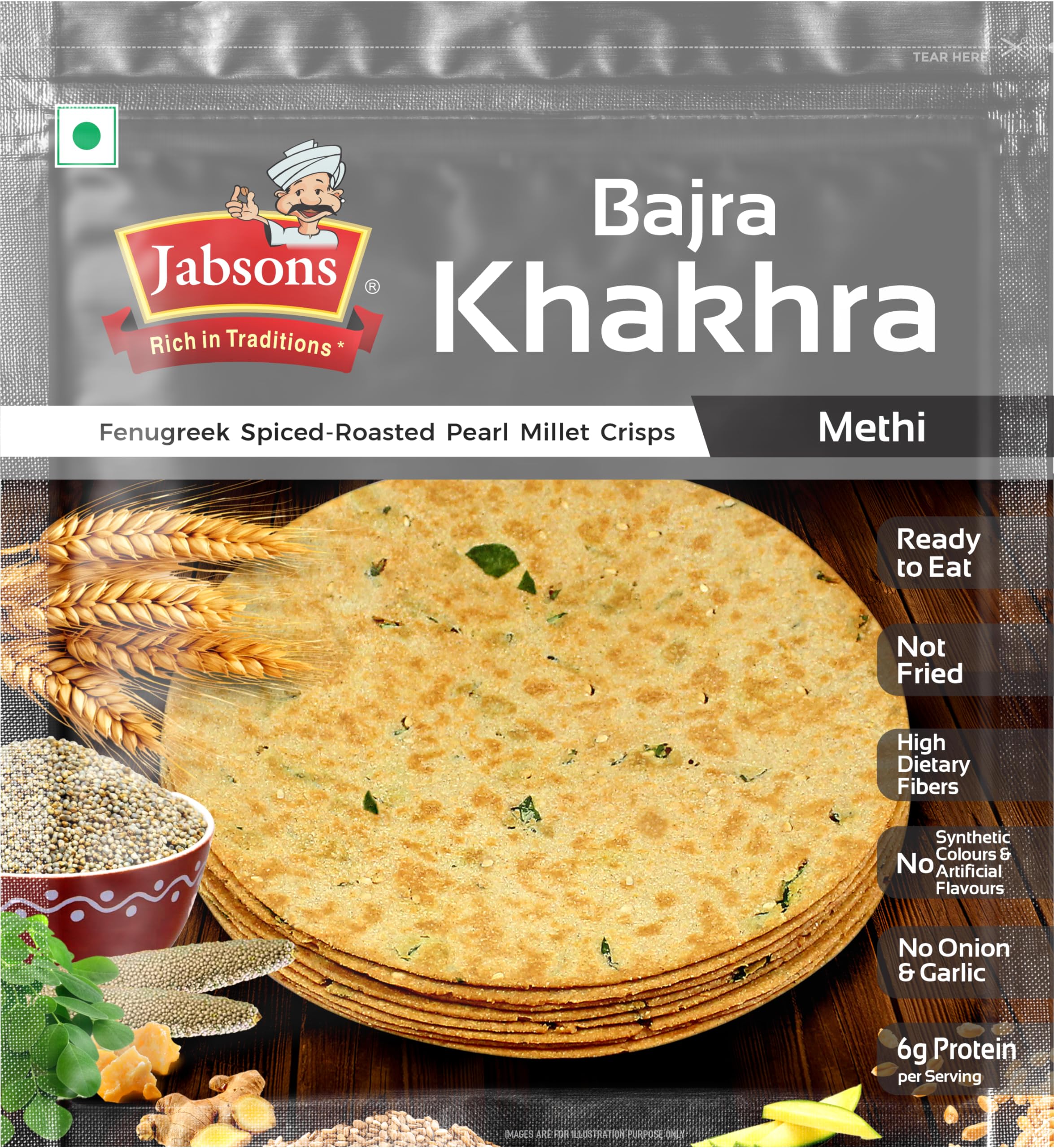 Jabsons Roasted Bajra Methi Khakhra,180 gm | No Onion No Garlic| Ready To Eat Vacuum Sealed | Crispy Bajra Methi Flatbread | Healthy Indian Tea Time Snack | Diet-Friendly Gujarati Khakhra