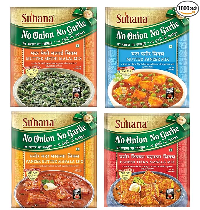 Suhana No Onion No Garlic Pack Combo of 8 (Pan Tikka x 2, Mutter Pan x 2, Pan Butter x 2, Mutter Methi Malai x 2)