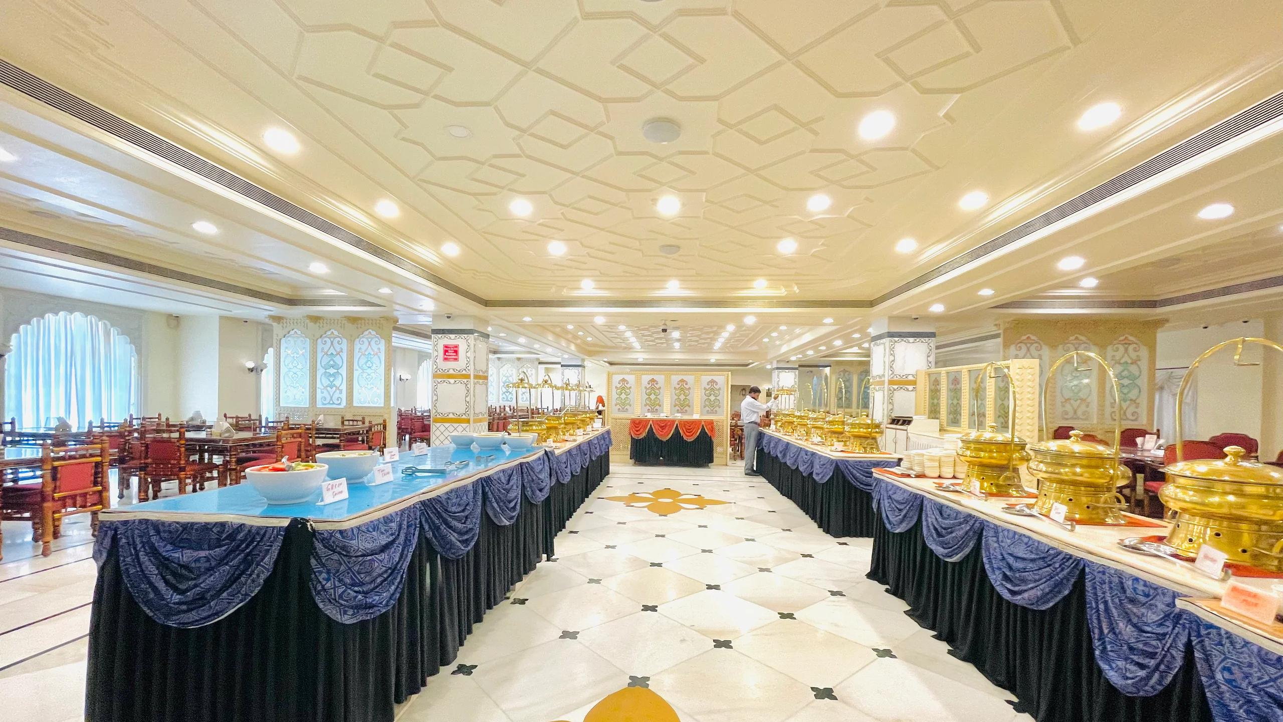 The banquet-style dining hall at Govinda's, ISKCON Juhu, Mumbai